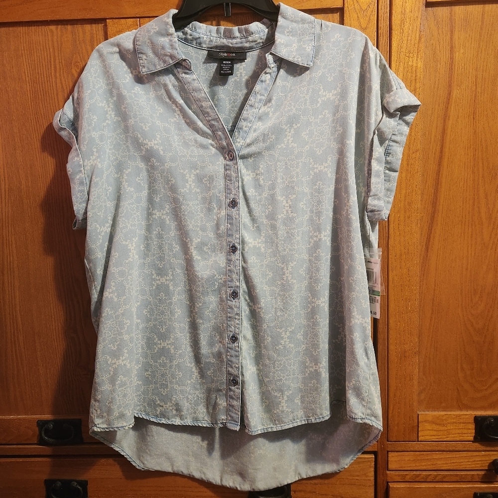Style & Co. Women's Greenish-gray Short-sleeve Button-Down Shirt Size Large* NEW